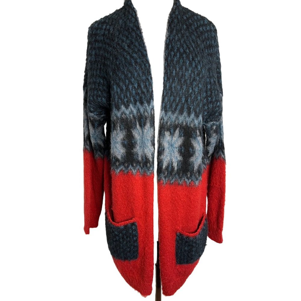 Karisma women’s M/L long cardigan blue red open front long sleeve pockets